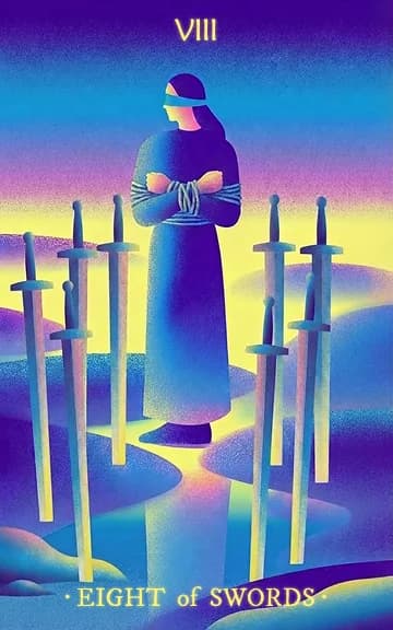 Eight of Swords tarot card — blurred background for WooMoo app download