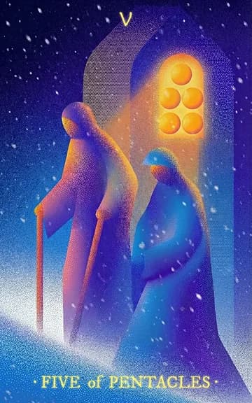 Five of Pentacles tarot card — blurred background for WooMoo app download