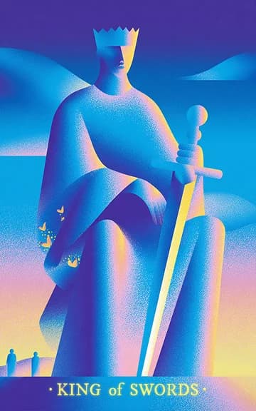 King of Swords tarot card — blurred background for WooMoo app download