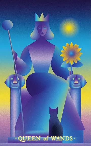 Queen of Wands tarot card — blurred background for WooMoo app download