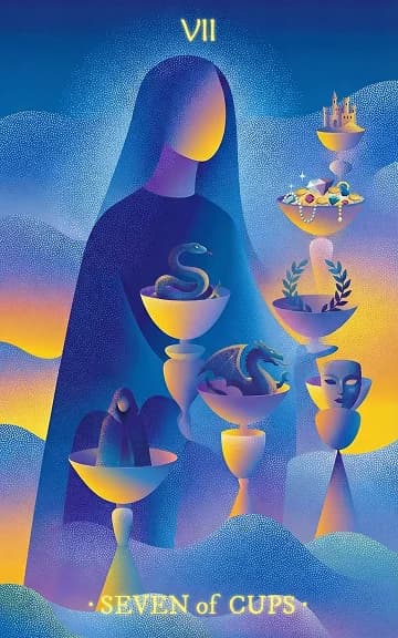 Seven of Cups tarot card — blurred background for WooMoo app download