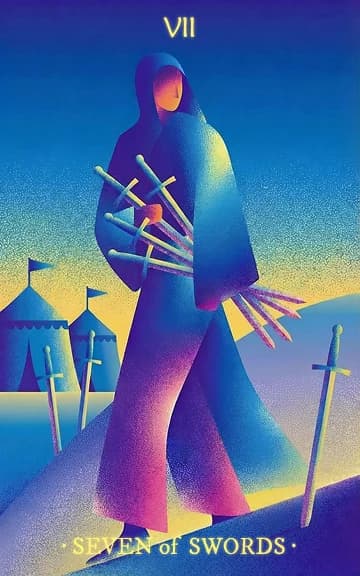 Seven of Swords tarot card — blurred background for WooMoo app download