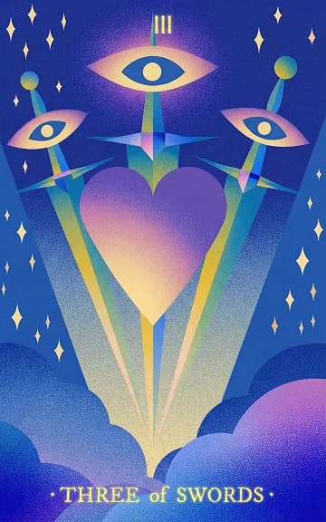 Three of Swords tarot card — blurred background for WooMoo app download